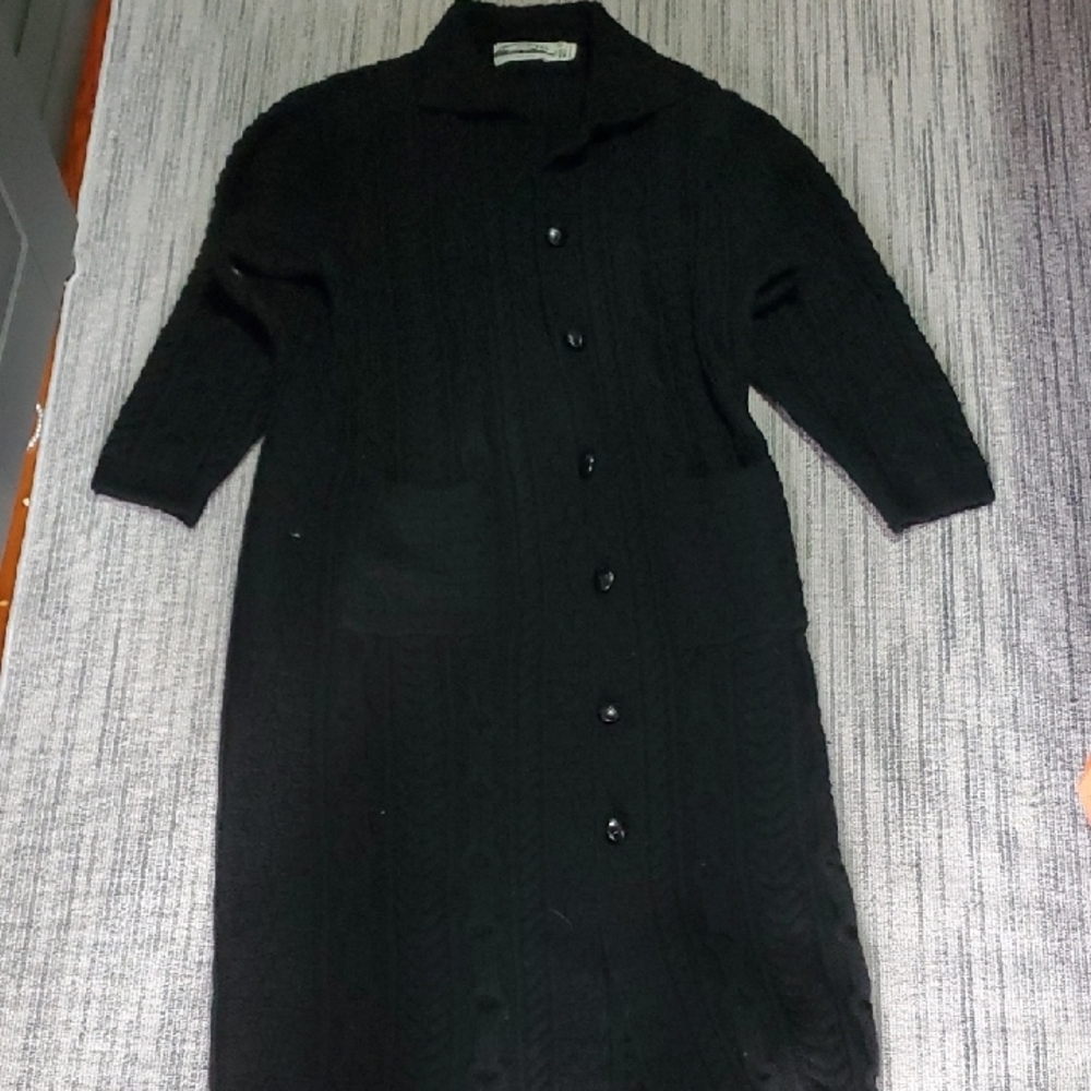 Aran Crafts Black Button-Up Long Cardigan 100% Merino Wool Made In Ireland